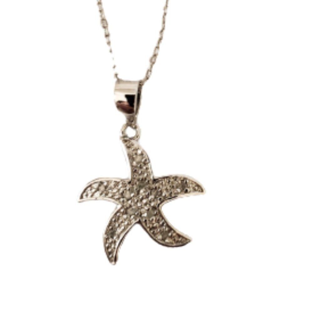 Sterling Silver Starfish Necklace W/Clear Stones & Delicate Sterling 20" Chain